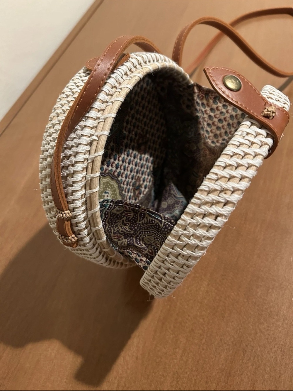 Round Woven Crossbody Bag in Cream and Tan - Picture 7 of 10